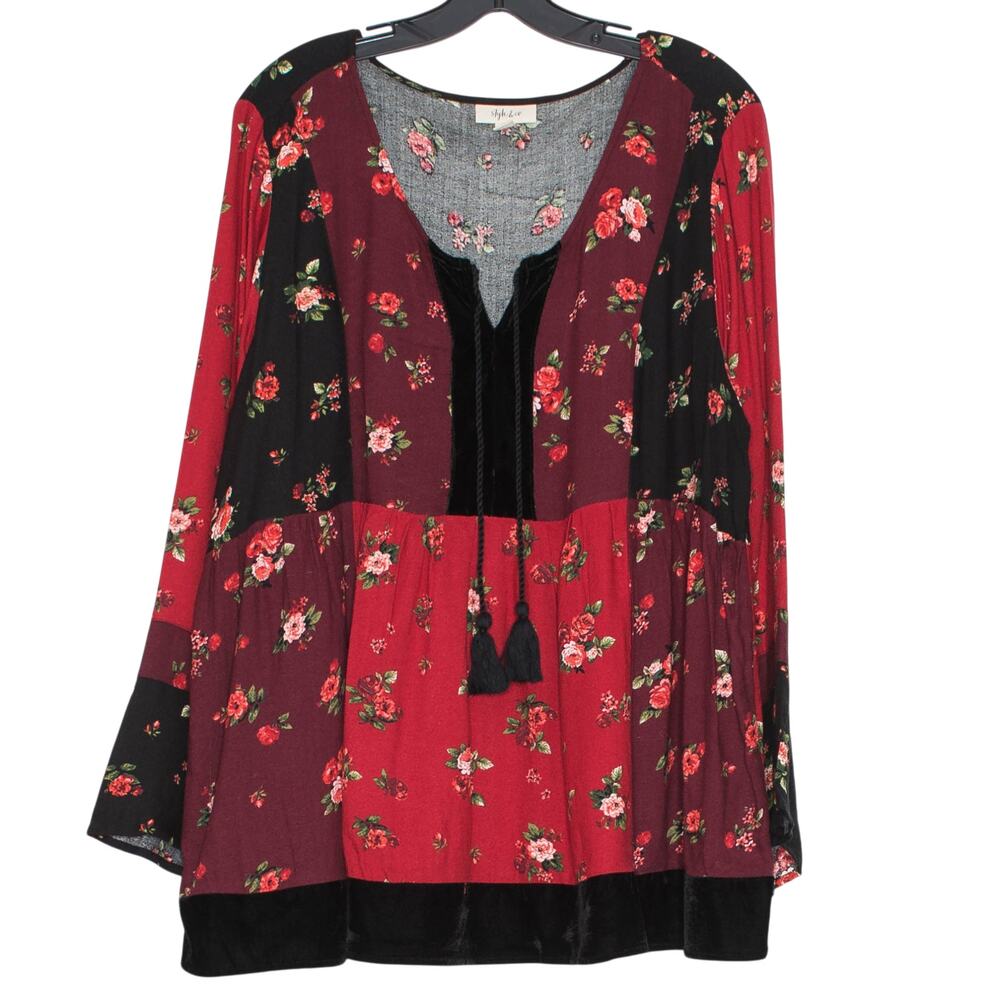 Dark Floral Tunic Top Boho Peasant Whimsigoth Bell Sleeve Festival Red Black XL
